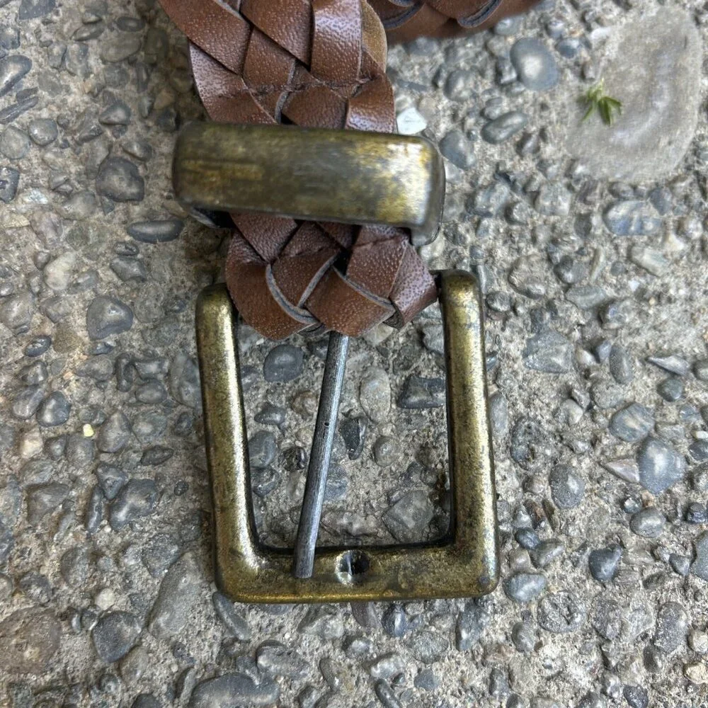 Vintage Festival Boho Brown Woven Braided Belt Brass Buckle